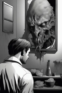 a man looking into a mirror and seeing a horrifying, abstract monstrous reflection