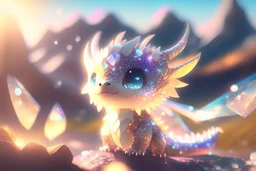 cute chibi anime little dragon, holographic, transparent sparkling crystal mountains in sunshine, ethereal, cinematic postprocessing, bokeh, dof