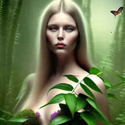 Generates high quality portraits of women covered in various plants, surrounded by forest and butterflies.