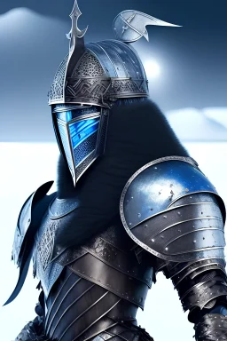 strong knight+iron helmet+dark hair+blues eyes+métalic cristal armor+viking origine+antartic landscape
