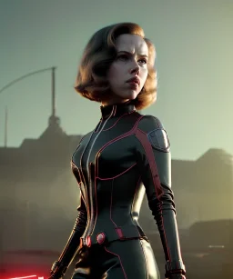 retro sci-fi portrait image from 1960, supermarket parking explosion, fire, classic black widow, young Scarlett Johansson, tight latex suit, soft color, highly detailed, unreal engine 5, ray tracing, RTX, lumen lighting, ultra detail, volumetric lighting, 3d, finely drawn, high definition, high resolution.