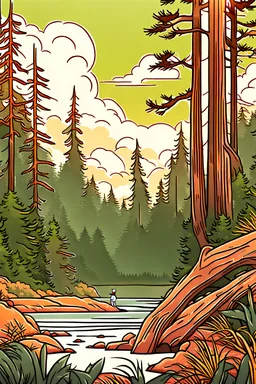 A beautiful Forest on the West Coast of the United States , animals around, cartoon style , ILLUSTRATION