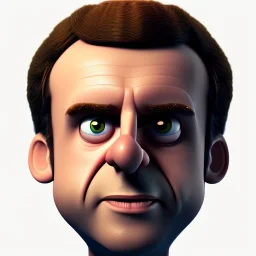 Emmanuel Macron, Pixar Studio movie style, circular reflective eyes, smooth lighting, rounded face, caricature, large nose, 3d portrait