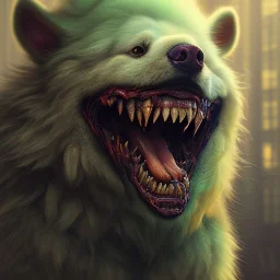 Dog, monster, green, horror, teeth, gore, blood, masterpiece, expert, 8K, hyperrealism, sharp focus, cinematic lighting