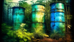 A cluster of weathered, cylindrical silos overtaken by lush vines in a dense, sun-dappled rainforest, 2D, Lissajous pattern, Daguerreotype effect, Cyanotype printing, rainbow sheen across the humid air.