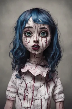 full color, illustration of a dark, menacing, Singer Melanie Martinez face, as a decayed, broken, crude homemade cloth doll toy, with a narrow cracked porcelain face, thick dark eyebrows, hair in two gradually made from ragged strips of cloth, in the style of Alex Pardee, Tim Burton, and Nadya Sheremet