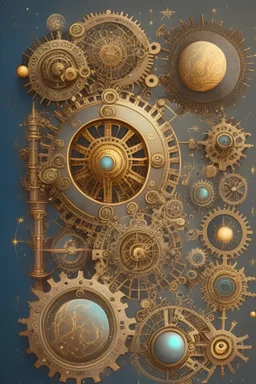A steampunk-inspired illustration of planetary gears, with each gear representing a different planet in our solar system, intricately designed with brass and copper finishes, interconnected with elaborate mechanisms, and set against a backdrop of celestial clockwork.