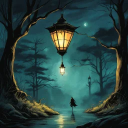 With a chilling hiss, the killer lantern comes to life, hovering in the air with an otherworldly grace. Its glass panes shimmer with an eerie glow, illuminating the figure's horrified expression. They try to run, but the lantern follows, casting a sinister light on their desperate flight.