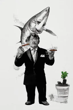 man with catfish shark head smoking a cigarrette in the style of banksy