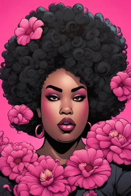 create a comic book style image with exaggerated features, 2k. cartoon image of a plus size black female looking off to the side with a large thick tightly curly asymmetrical afro. Very beautiful. With hot pink large flowers