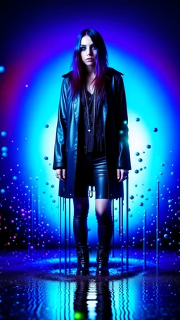 Full body and headshot of a young gothic woman dressed in clothing dripping like liquid, with no hat, with a multiverse background