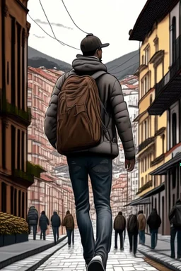 Animated drawing of a man walking in the city of Bogotá front view 8k hyper-realistic front view