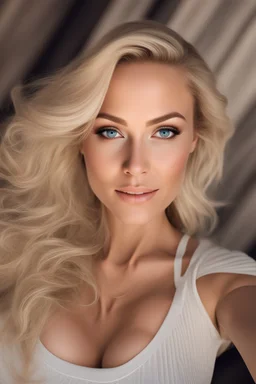 A hyper-realistic, detailed photo , A 40-year-old blonde gorgeous woman takes a selfie ,natural bodi shape ,blue eyes, bathed in cinematic light. , realistic elements, captured in infinite ultra-high-definition image quality and rendering, full size photo view