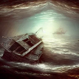 a hyper-realistic sunken ship on ocean floor, abandoned, 8k, high-quality, fine-detail, intricate, sharp, crisp, digital art, detailed matte, illustration, octane render, brian froud, howard lyon, Anne Dittman, Anne Stokes, Lisa Parker, Selina French