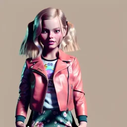 Margot Robbie toddler, full size, sneaker, leather jacket, floral shirt, floral skirt, soft skin, dramatic lighting, hyper realistic