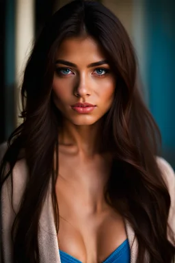 pretty18 year old girl with olive skin and long chocolate brown side swept hair. Blue eyes. wearing red underwear