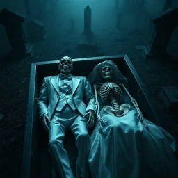 Hyper Realistic Photographic Middle Top Angle Shot Of A Dead Married Couple (Man Skeleton In White Tuxedo & White Pant And Woman Skeleton In White Bride Gown) Lying In A Coffin With Their Skeletons, in A Spooky Cemetery At Dark Foggy Night Showing Dramatic And Cinematic Ambiance.