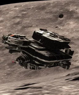 Crashed photorealistic futuristic destroyed mechanical mechwarrior space ship on the lunar surface