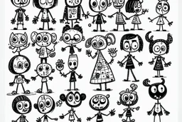 make a bunch of simple hand-drawn spooky and cute cartoon characters with bodies arms, and legs I could draw and make them all different make them looks like the 50s and 60s cartoon art