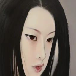 a painting of a woman with long black hair,an oil painting, painted by addition of overlapping layers of color,painting by Robert Bauer, glazing technique, hyper realistic painted long black hair ,very pale skin, intricate precise detail, inspired by Lu Cong, figurative art, in yoji shinkawa's art style, annoyed expression, looking directly at us,