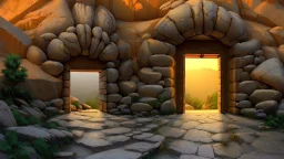 huge illuminated doorway in a rock wall in the side of the mountain