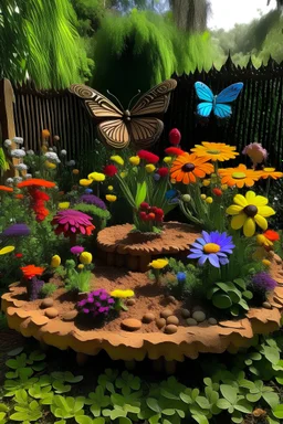 um jardim sereno e exuberante, com flores coloridas e borboletas dançando no ar. No centro desse jardim, há uma bela escultura feita de argila, representando um artista em pleno processo criativo. Suas mãos habilidosas moldam a argila, transformando-a em uma obra-prima.