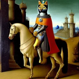 oil painting of a beautiful symmetrical cat with armor,wearing crown, Riding a pony, XV century, by El Bosco, Leonardo da Vinci, Goya 8k