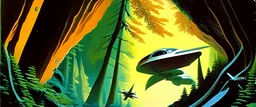 stlye of 1960's sci-fi book cover, spaceship flying through forest caverns,