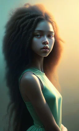 young girl, cute, beautiful, long curly hair, black hair, light green skin, flat nose, black eyes, big eyes, turquoise dress, head and shoulders portrait, 8k resolution concept art portrait by Greg Rutkowski, Artgerm, WLOP, Alphonse Mucha dynamic lighting hyperdetailed intricately detailed, avatar pandora