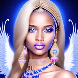 portrait of a beautiful somalian woman with an angel face smiling,long blond hair, blue eyes, pink and blue dress, jewels, soft light aura