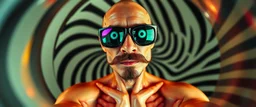 gecko weirdo man, through pin hole pic camera, hot dog commercial caravan magic, blissfull genious, ultra chromatic, cyber jobe, flying yoga magic , lawn mover man movie character, portrait of upper body of cool transparent guy made with nano tape and with shades and mustache and bald head, saw blade beholder eye tyrant flating beholder kin with eyes on each saw blade tooth saying something profound, hypnotic zebra twirl background, with chrome reflections