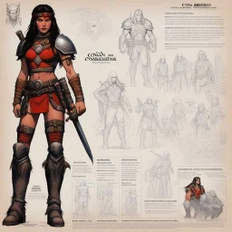 character concept sheet with AD&D statistics and characteristics, [Conan The Barbarian' (1982)] humid jungle forest] thin rainbow female alien warrior tattooed with binoculars and red rubis for eyes leather boots and agent provocateur vivid microchip armour she is supercharged with heavy weapon warfare (Retrofuturism: Where Yesterday’s Tomorrow Still Shines on the foggy battlefield) ready to kill with no inhibitions