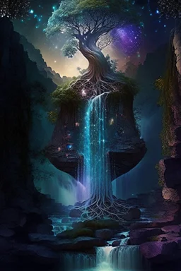 Tree of universes. The third is the presence of the past, present and future. On the waterfall of the past