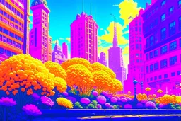 sunny day, flowers, epic, sci-fi, retrowave city