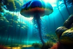 Alien forest with an umbrella made from a jellyfish, photorealistic, Detailed Matte Painting, Deep Colour, Fantastical, Intricate Detail, sunshine, blue sky