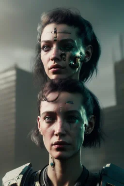 portrait post-apocalypse cyborg Sofia Buttela in a cyberpunk city, sci-fi fantasy style, 8k,dark.