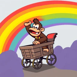 vector Cartoon Donkey Kong riding a rainbow in a cart in pixel