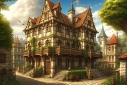 tall, slim, woman, with wings, and scales, large medieval gothic inn, with a balcony, next to a sloping, cobbled road, surrounded by trees with dense foliage, photo-realistic