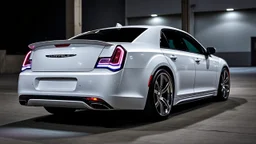 "A sleek white Chrysler 300 with custom LED headlights and smoked taillights, featuring a mesh grille in chrome with black accents. It has a subtle carbon fiber ducktail spoiler, sitting on 22” multi-spoke concave wheels in brushed silver. The suspension is lowered slightly for a more aggressive stance, while the body is painted a glossy black. The interior boasts custom leather upholstery with ambient lighting for a refined, luxurious look."