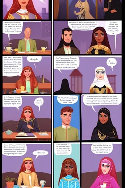 Story comic Illustrated Stories One day, Queen Batoul wassitting with her team called the “Tea Council”. Her team consisted of: - Rauf, her daughter and the hero of the tribe - Professional royal writer - Live Barbie game - Comedian Jim Carrey -Former US President Donald Trump In a large room with wide windows letting in natural light, light colors, plants, modern furniture, and a modern interior design. They were thinking of a new interior design for the palace. Meanwhile, they drank