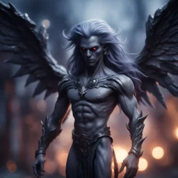 star born dark elf grey angel nephilim vampire with muscles and big wig, Guiding souls through twilight, where the shadows flee In this realm of aftermath, phantoms softly tread Following the will-o-wisp, where the lost are led ,bokeh like f/0.8, tilt-shift lens 8k, high detail, smooth render, down-light, unreal engine