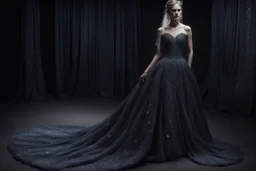 свадебное платье, Тёмная ткань, цвета ночного неба, была расшита призрачными серебряными нитями, мерцавшими, как звёзды