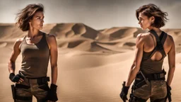 beautiful slender caucasian female technician with a knife, black tank top, well toned muscles, weathered face, scratched sand camo metal details, short brunette wavy bob haircut, dystopian, desert scene with smoke and explosions