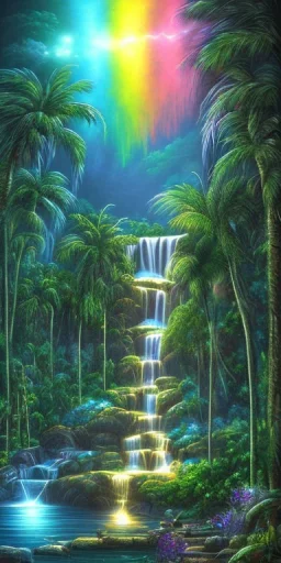 Triipy rainbow turquoise neon waterfall with palm trees sparkling at night in a cave detailed realistic glowing