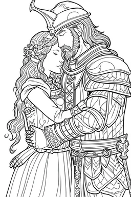 Fantasy coloring page, minimal detail. HD. Woman embracing a male knight with a beard
