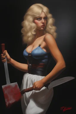 full body image, head to toe, chiaroscuro, deep shadows, rich deep colors, highly detailed portrait, Oil on Canvas by Boris Vallejo - The Evil, homicidal13-year-old Cinderella with Bleach-blonde hair holding a bloody cleaver - 4k UHD, Ultra-realistic, Hyper realistic, Photorealistic, Realistic, absolute Reality