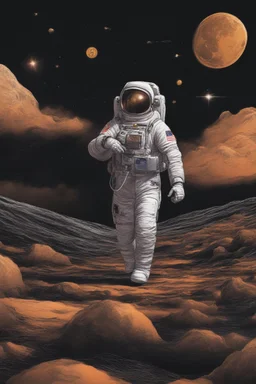 "Generate an awe-inspiring 8K illustration depicting an astronaut triumphantly planting a Bitcoin flag on the lunar surface. The cosmic backdrop should be a chaotic yet mesmerizing scene, replacing traditional stars with various cryptocurrencies. Envision shooting stars as dynamic market movements, while trading charts and pips seamlessly integrate into the background, forming a visually stunning representation of the crypto universe's conquest of the moon."