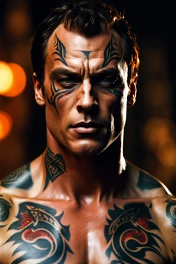 Toby Stephens as muscular man with short hair and tribal tattoos and piercings. sitting, realistic face, close-up, modern fantasy, intricate details, hyper detailed