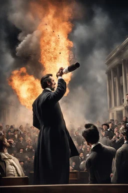 Create a powerful visual representation of the moment Booth fires a single shot into the back of Abraham Lincoln's head. Convey the shock and chaos among the audience as the gunshot reverberates through the theater