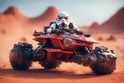 lowpoly storm trooper bear driving highly symmetric metallic rocket propelled mad max ATV that looks like a helmet with rounded glass bubble roof in red desert, bokeh like f/0.8, tilt-shift lens 8k, high detail, smooth render, down-light, unreal engine, prize winning